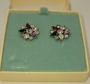 Vintage B David Screw-back Earrings Silver-tone Multi-colored Faceted Crystal